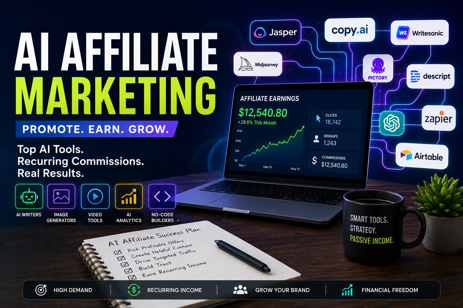 AI affiliate marketing 2026 dashboard showing recurring income, smart tools, and growth online