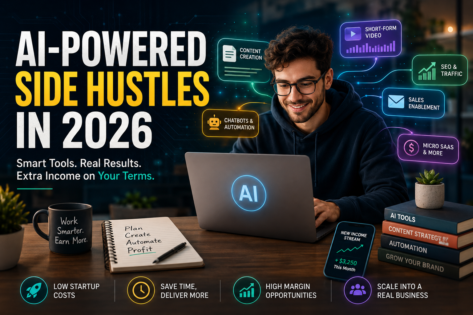 Ultimate Guide to AI-Powered Side Hustles in 2026 1 AI-powered side hustles in 2026 featured image showing freelancer using smart automation tools online