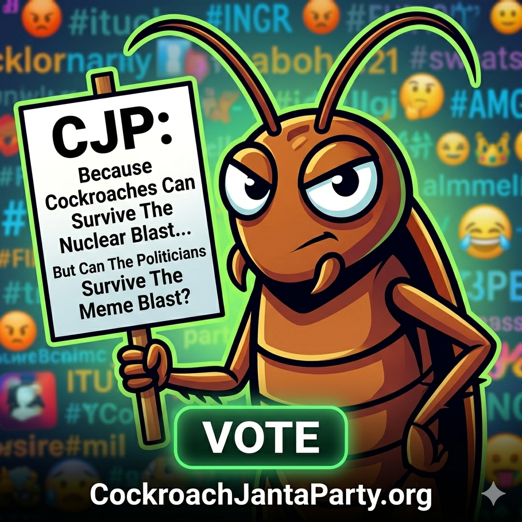 What is Cockroach Janta Party? Inside India's Viral CJP Movement 3 A high-contrast square-format social media image featuring a close-up of a determined cartoon cockroach profile holding up a white protest placard that reads 'CJP: Because Cockroaches Can Survive The Nuclear Blast... But Can The Politicians Survive The Meme Blast?' A stylized 'VOTE' button and the link to CockroachJantaParty.org are present at the bottom against a blurred collage of internet memes and hashtag reactions.