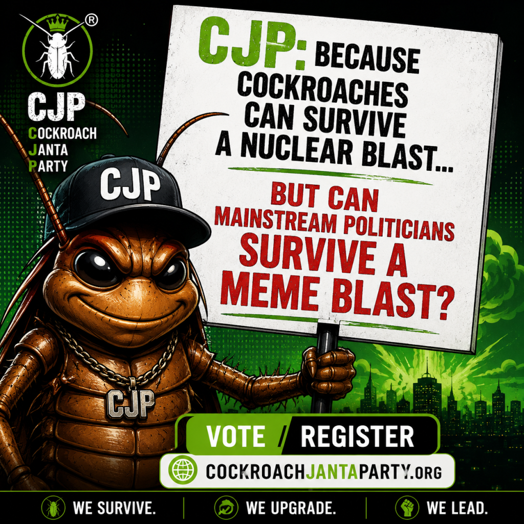 Cockroach Janta Party: Inside India's Viral Satirical Meme Movement 3 Square social media graphic featuring a cartoon cockroach holding a protest sign that reads CJP: Because Cockroaches Can Survive The Nuclear Blast... But Can The Politicians Survive The Meme Blast? with a join button pointing to CockroachJantaParty.org.