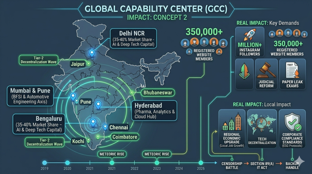 Why Global Capability Centers (GCCs) Are Overtaking Indian IT Services 3 A geographic map tracking the location of global capability center clusters across major tier 1 cities and emerging tier 2 hubs throughout India.