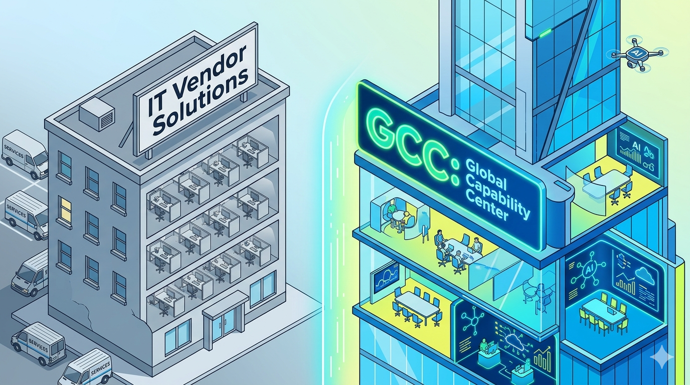 Why Global Capability Centers (GCCs) Are Overtaking Indian IT Services 1 Modern vector graphic comparing third party IT vendor offices with advanced in house global capability center towers in India.