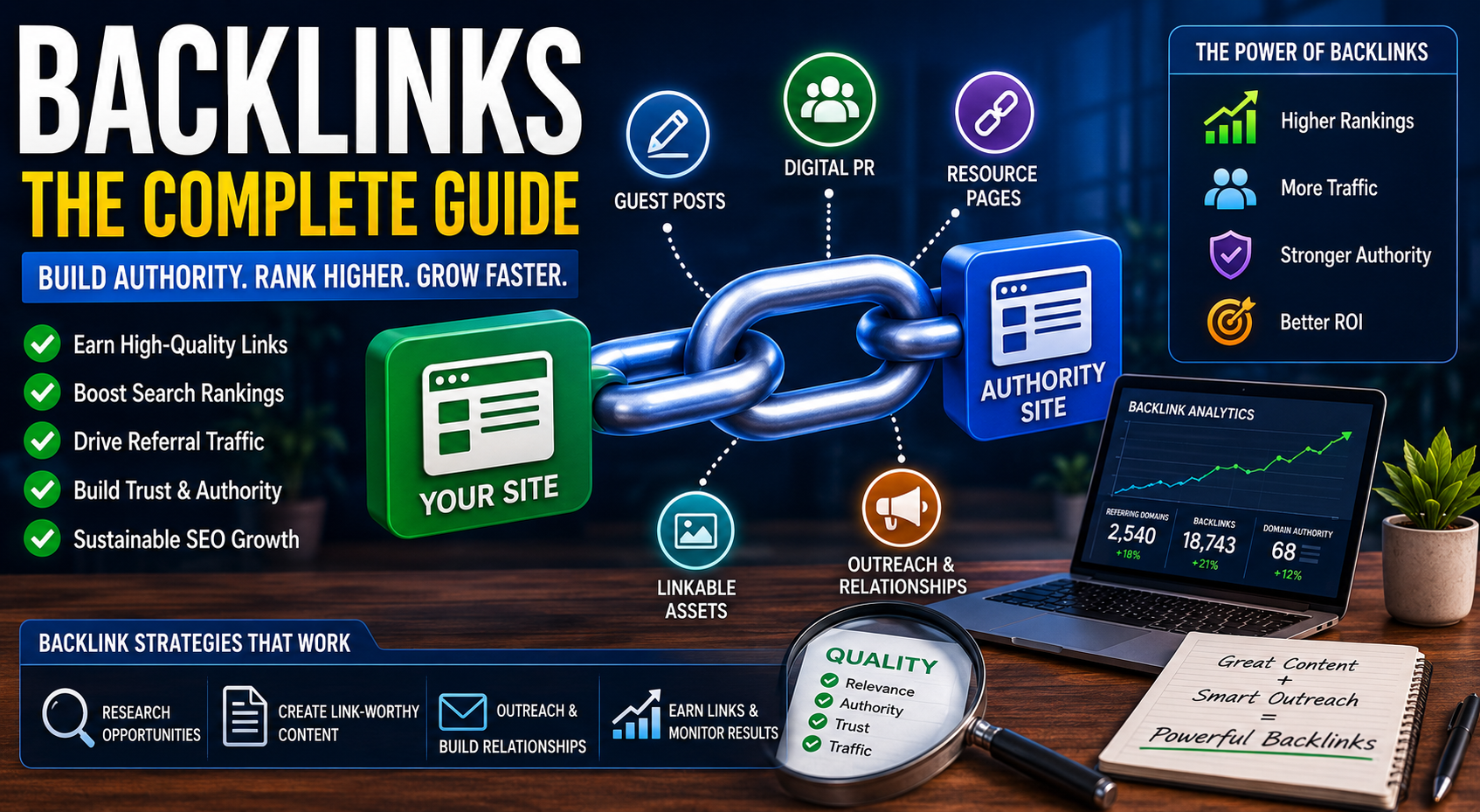 Backlinks in 2026: Quality Signals and Strategy 1 SEO backlink strategy infographic showing authority links, outreach, analytics, and ranking growth.