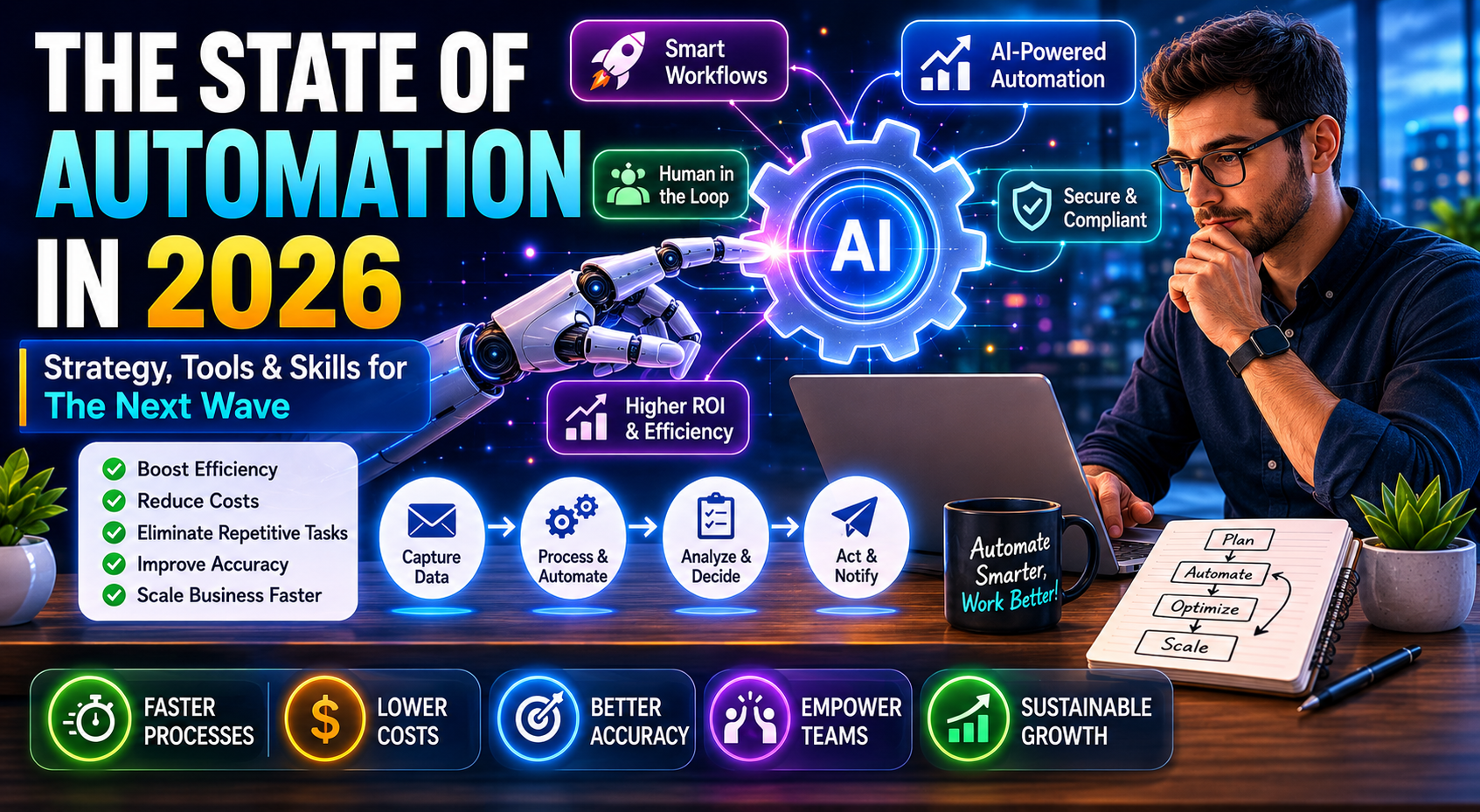 Smart factory with robotic arms, conveyor belts, dashboards, and workers supervising systems