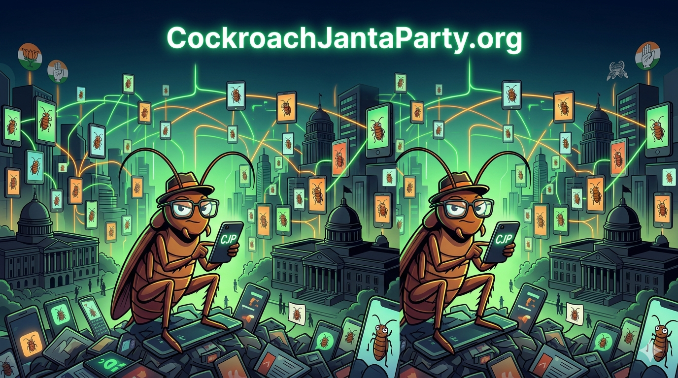 What is Cockroach Janta Party? Inside India's Viral CJP Movement 1 A wide-format satirical digital illustration of a rebellious, tech-savvy cockroach wearing glasses and a hat, perched defiantly on a large pile of modern smartphones. The background shows a massive glowing green digital network and urban city skyline for the CockroachJantaParty.org website.